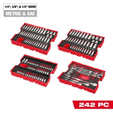242pc. 1/4”, 3/8”, & 1/2” Drive Metric & SAE Ratchet & Socket Set with Trays for PACKOUT™ Drawers
