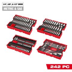242pc. 1/4&rdquo;, 3/8&rdquo;, & 1/2&rdquo; Drive Metric & SAE Ratchet & Socket Set with Trays for PACKOUT&trade; Drawers